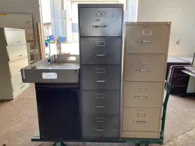 Rolling Flat Cart with Metal Tray and (3) Filing Cabinets