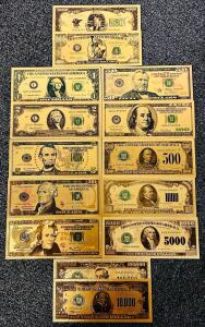 Collection Of Decorative 24K Gold-Plated Banknotes Including Novelty Denominations
