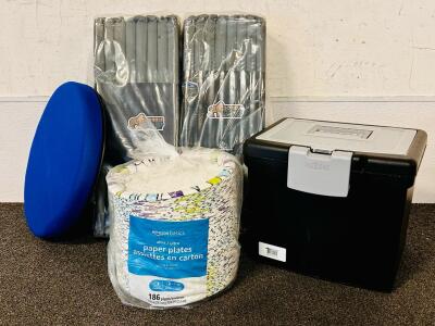 Blue Swivel Seat, Storex Box, Paper Plates, and Gorilla Grip Heavy Duty Couch Cusion Support Boards