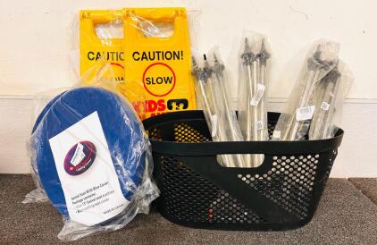 Tripod Irrigation Sprinklers, Black Basket, (2) Double Sided Kids Playing Caution Signs, and (2) Swivel Seats With Blue Covers