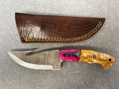 Custom Fixed Damascus Steel Gutting Knife With 4" Blade, Wood and Resin Decorative Handle and Leather Sheath
