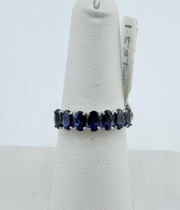 Sterling Silver Band Ring with 1.53ct Oval Blue Gemstones, 7-Stone Prong Setting, 1.96g, K14E3