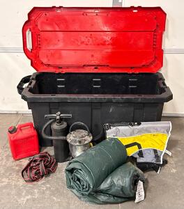 Large Husky Rolling Tote With Camping Essentials: Full Size Air Matress, Lamp, Husky Ratchet Strap, Air Pump, Gas Can and Adult Pet Life Vest