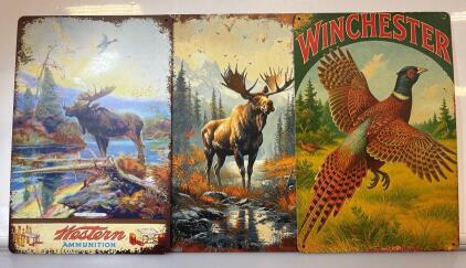 (3) Vintage-Style Metal Signs Western Ammunition Winchester, Showcasing Wildlife Scenes