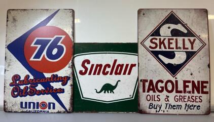 (3) Vintage-Style Metal Signs Depicting Historical American Oil And Gasoline Brands
