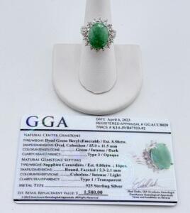 Sterling Silver Ring, 8.5ct Oval Dyed Emerald, 16 White Sapphires, GGA Appraised, 925 Silver