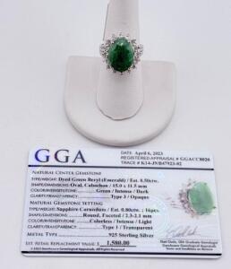 Sterling Silver Emerald & Sapphire Ring, 8.50ct Oval Dyed Beryl, 16pc Colorless Sapphire, GGA Appraisal