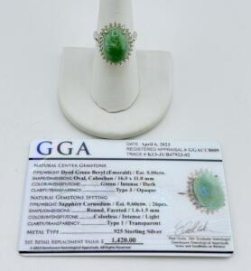 Emerald Sterling Silver Ring: 8ct Dyed Green Beryl, 26 Sapphires, GGA Appraisal $1,420 Trace GGACC8009