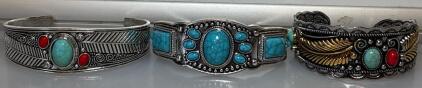 (3) Southwestern-Style Navajo Cuff Bracelets Featuring Turquoise And Red Coral Stones Set In Silver