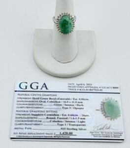 Sterling Silver Ring, 8.00ctw Dyed Green Beryl (Emerald) Oval Cabochon, 26 Sapphire Accents, GGA Cert