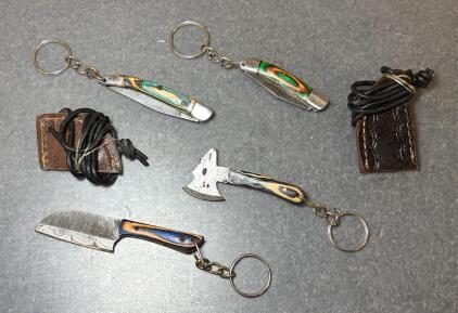 Damascus Collection Of Miniature EDC (Every Day Carry) Keychain Knives And A Small Axe