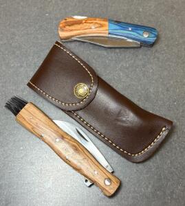 Damascus Traditional Folding Pocket Knife And A Matching Leather Sheath
