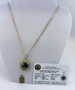 Sterling Silver 18" Pendant &ndash; 20ct Cabochon Ruby, 186 White Sapphires, Yellow Gold Overlay, Appraised