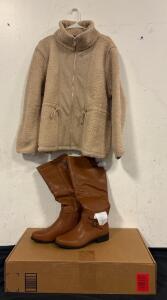 XL Tommy Hilfiger Fuzzy Jacket with Adjustable Cinched Waist And Size 11 ZBY Brown Knee High Boots.