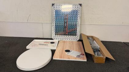 Bath Hardware Set Including Toilet Seat, Towel Bar, Framed Picture