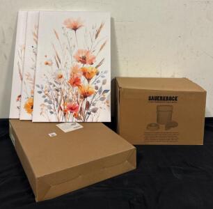 Home Lot: (1) Sauerkrock Food Fermentation Crock 5 Liters/1.3Gallons, (1) Pull Out Wire Frame Cabinet Organizer Chrome Steel Metal 14&rdquo;Wx21&rdquo;D, (3) 16x24 Floral Canveses