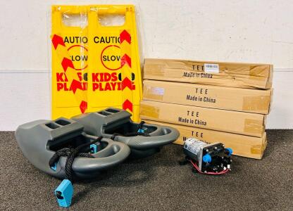 Pair Of Boat Bumpers, (4) Baseball Batting Tees For Youth and Adults, Pair Of Double Sided Kids Playing Caution Signs and ShurFlo Pump