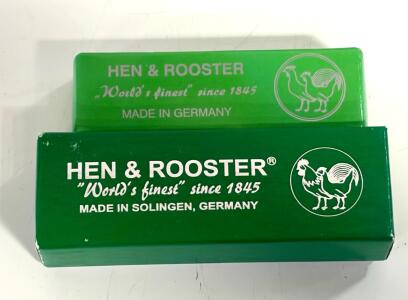 Hen & Rooster Trapper Knife, 4.125" German Stainless, Signed, Red & Brown Handles, Boxed And 432 RPB Small Red Hen & Rooster Knife