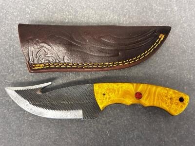 Custom Fixed Carbon Steel Gutting Knife With 4" Blade, Wood and Resin Decorative Handle and Leather Sheath