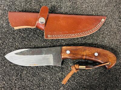 Classic Fixed Blade Hunting Knife, 5.5" Carbon Steel Blade, Hardwood Handle, Leather Sheath Included
