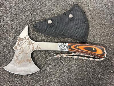 Double-Bladed Decorative Axe, Wolf Etched Blade, Laminated Wood Handle, Sheath Included