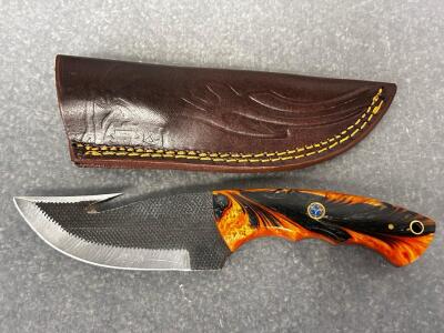 Custom Fixed Carbon Steel Gutting Knife With 4" Blade, Wood and Resin Decorative Handle and Leather Sheath