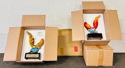 (3) Decorative Fish Statues and 3-Tier Metal Rack
