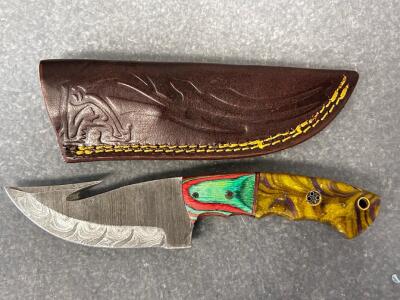 Custom Fixed Damascus Steel Gutting Knife With 4" Blade, Wood and Resin Decorative Handle and Leather Sheath