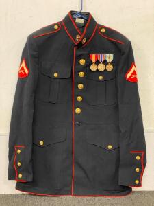 United States Marine Corps (USMC) Dress Blue Uniform, Includes Jacket, Trousers, Belts, Hat And A Fabric Case
