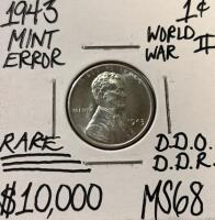 1943 MS68 RARE MINT ERROR DDO DDR STEEL CENT