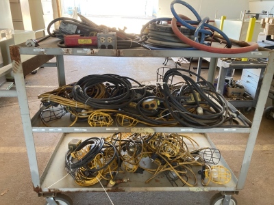 Rolling Cart of Assorted Lighting and Extension Cords