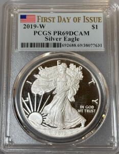 2019-W $1 Silver American Eagle PCGS PR69DCAM First Day of Issue, 1 oz .999 Silver, West Point