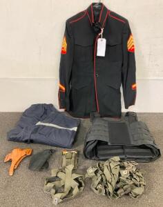Authentic U.S. Marine Corps Dress Blues Jacket, Tactical Body Armor Vest And Various Other Tactical Equipment