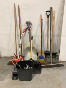 Various Brooms, Shovels, Dust Pan, Chalking Marker