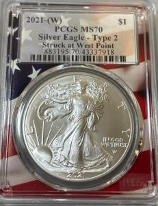 2021-(W) American Silver Eagle Type 2 $1 PCGS MS70 - West Point, 1oz .999 Silver