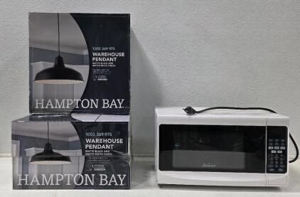 (2) Hampton Bay Warehouse Pendant Lamp (1) Sunbeam 0.7 Cu. Ft. Digital Microwave Oven, Tested, Works