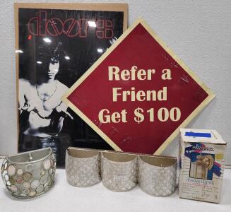 (1) Quoizel Three-Light Wall Sconce Light Fixture (1) Pay 'n Pak EL1708B-PC Solid Brass Outdoor Wall Light Fixture (1) Quoizel Fairgate Silver Drum Pendant Light (1) The Doors Rock And Roll Original 1999 Vintage Poster (1) Refer a Friend And Get $100 Sign