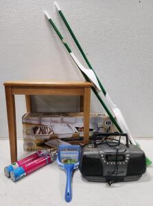(1) Everyday Kitchen Bakeware Three Section Covered Bake And Serve Dish (1) 22"H x 17" x 21" Small Wooden Table (2) Libman Cleaning Broom And More