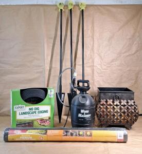 (1) 3 x 100 Foot Roll Of Weed Control Fabric, (1) 30-Foot Roll Of No Dig Landscape Edging, (3) 50" Multi-Use Metal Poles W/ Stakes, (1) 2-Gallon Sprayer & (1) Decorative Metal Basket