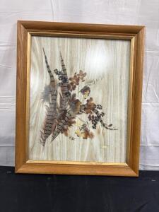 Framed Artwork with Pressed Flowers and Feathers, Wood Frame