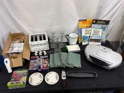 Lot Of Dish Towels, Plates, Toaster & More