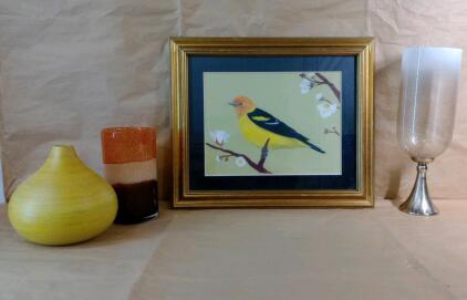 (1) Framed Wall Art Print, (2) Large Glass Vases & (1) Large Wooden Vase