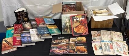 Collection of Cookbooks, Fiction Books, and Sewing Patterns