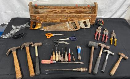 Hand Tools Set with Wooden Toolbox, 23 Items, Includes Saws, Hammers, Pliers