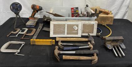 Mixed Lot of Hand Tools, Hammers, C-Clamps, Impact Drill, Portable Fan
