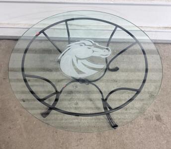 Round Glass Top Coffee Table with Etched Horse Design and Metal Base