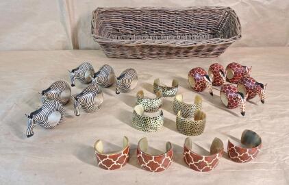 (1) Handmade Wicker Basket, (9) Assorted Animal Print Bracelets & (11) Assorted Animal Figurene Napkin Holder