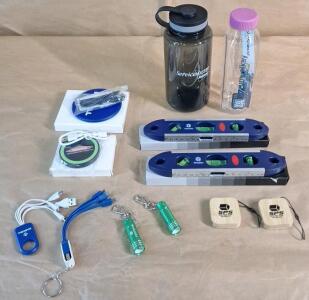 (2) 9" Torpedo Levels, (2) 3' Tape Measures, (2) Mini LED Flashlights, (2) Muli USB Charger Cables & (2) Wireless Charger Pads & (1) 32-Oz Water Bottle & (1) 16-Oz Water Bottle