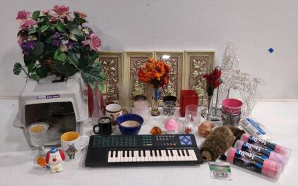 (1) Vintage Yamaha Portasound Electric Keyboard PSS-140 Synth, (1) Petmate-23"x 14"x 12" Small Animal Carrier, (1) Set of 4-Seasonal Home Decoration, & Much More