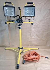 (1) Dual-Head Halogen Work Light W/ Tripod Stand & (1) 50-Foot Extension Cord